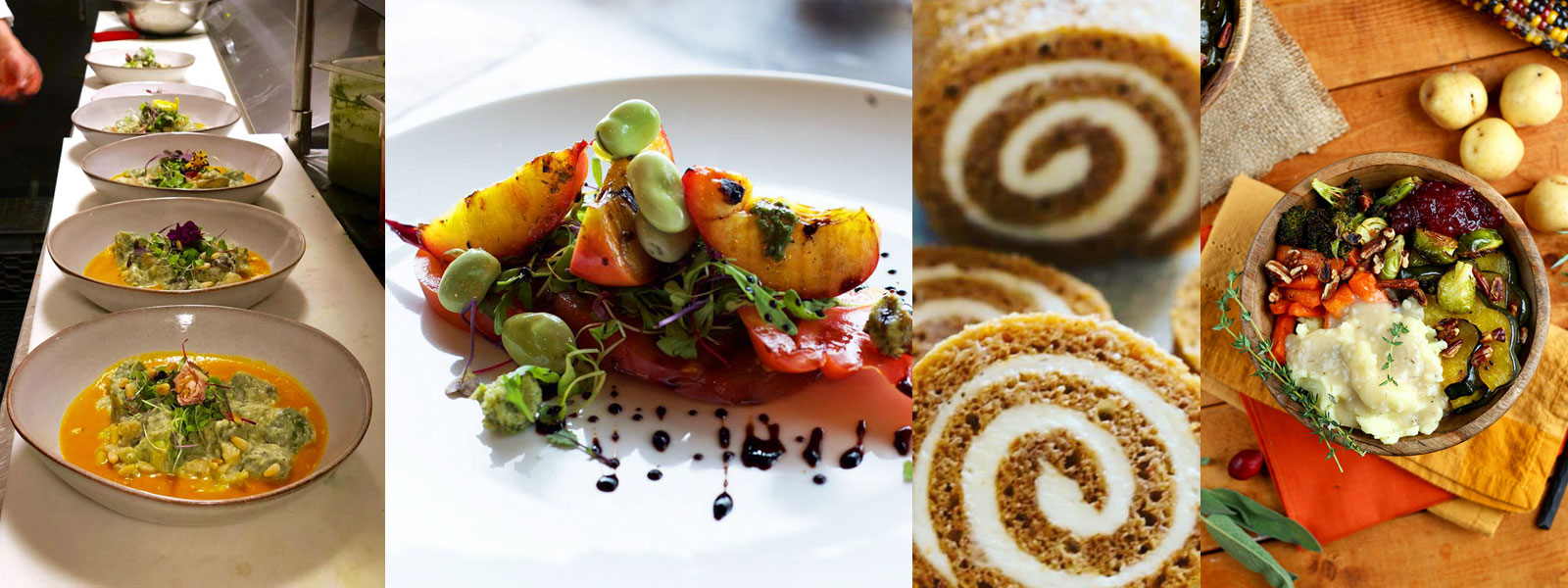 An array of vegan dishes, including soups, an apple dessert, and a pumpkin cake roll