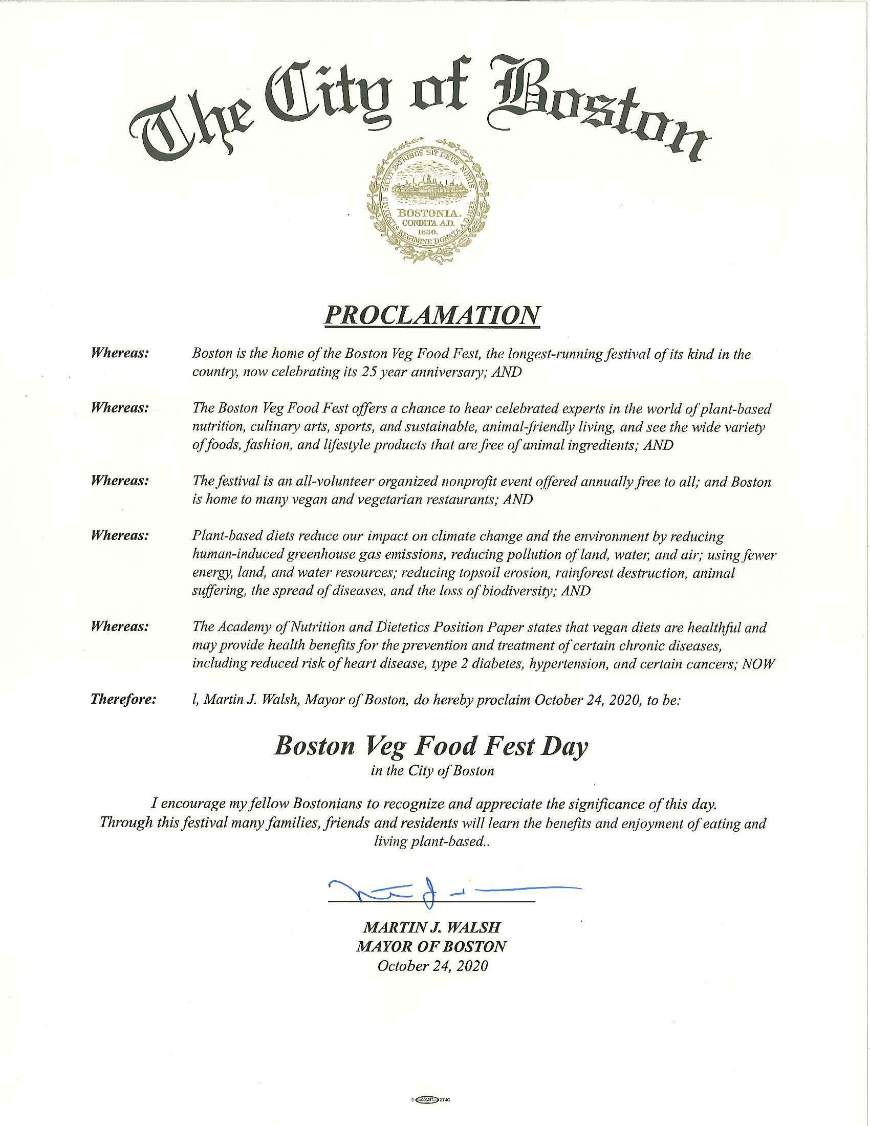 Cityof Boston Proclamation document, full text below image
