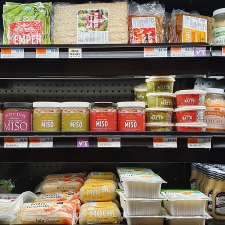 supermarket shelves holding vegan products