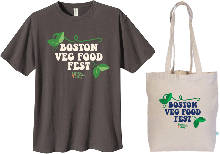 t-shirt and tote with Boston Veg Food Fest, leaves, and Boston Vegetarian Society logo