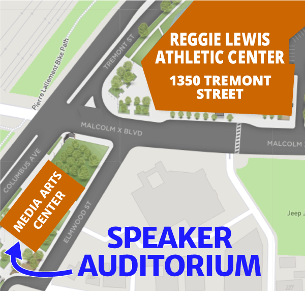 Map showing Reggie Lewis Athletic Center at 1350 Tremont Street, and the nearby building containing the speaker auditorium.