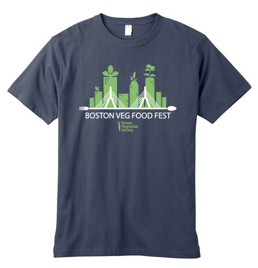 blue t-shirt with a bridge and abstract veggies design and Boston Veg Food Fest 2023