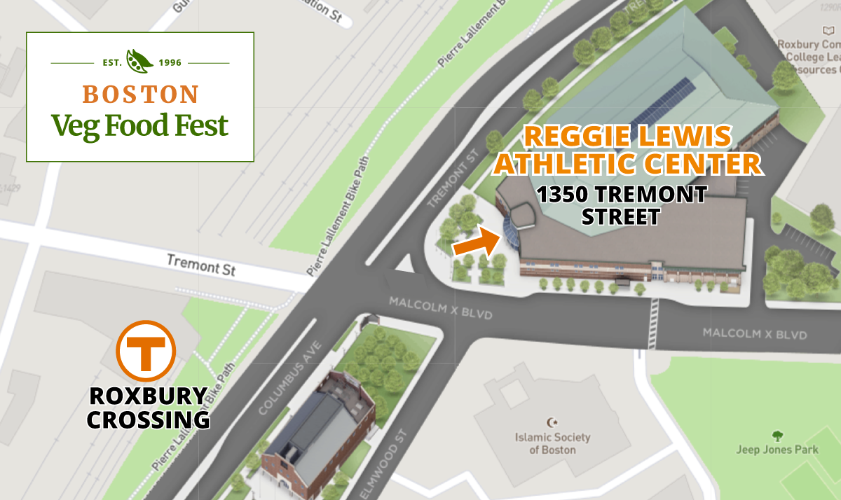 map showing Reggie Lewis Athletic Center at 1350 Tremont Street, across the street from the Roxbury Crossing T Station