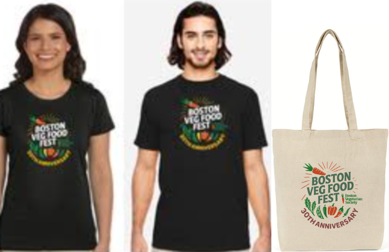 black t-shirts and a natural canvas tote bag with veggies and text, Boston Veg Food Fest 30th anniversary