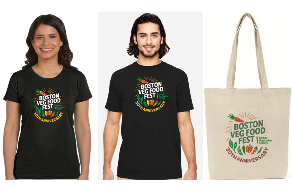 black t-shirts and a natural canvas tote bag with veggies and text, Boston Veg Food Fest 30th anniversary