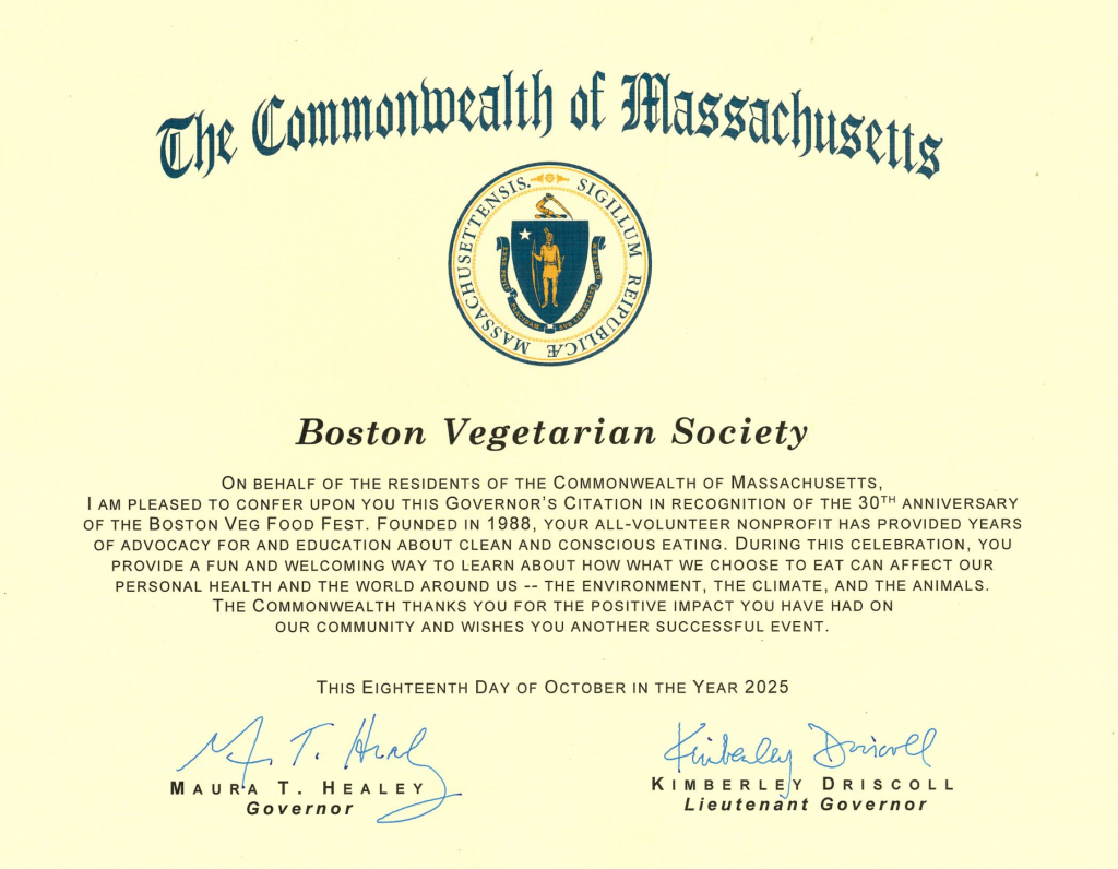 Commonwealth of Massachusetts Governor's citation for Boston Veg Food Fest, with state seal and signatures. Full text is below.