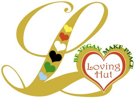 Loving Hut, be vegan, make peace, with images of hearts