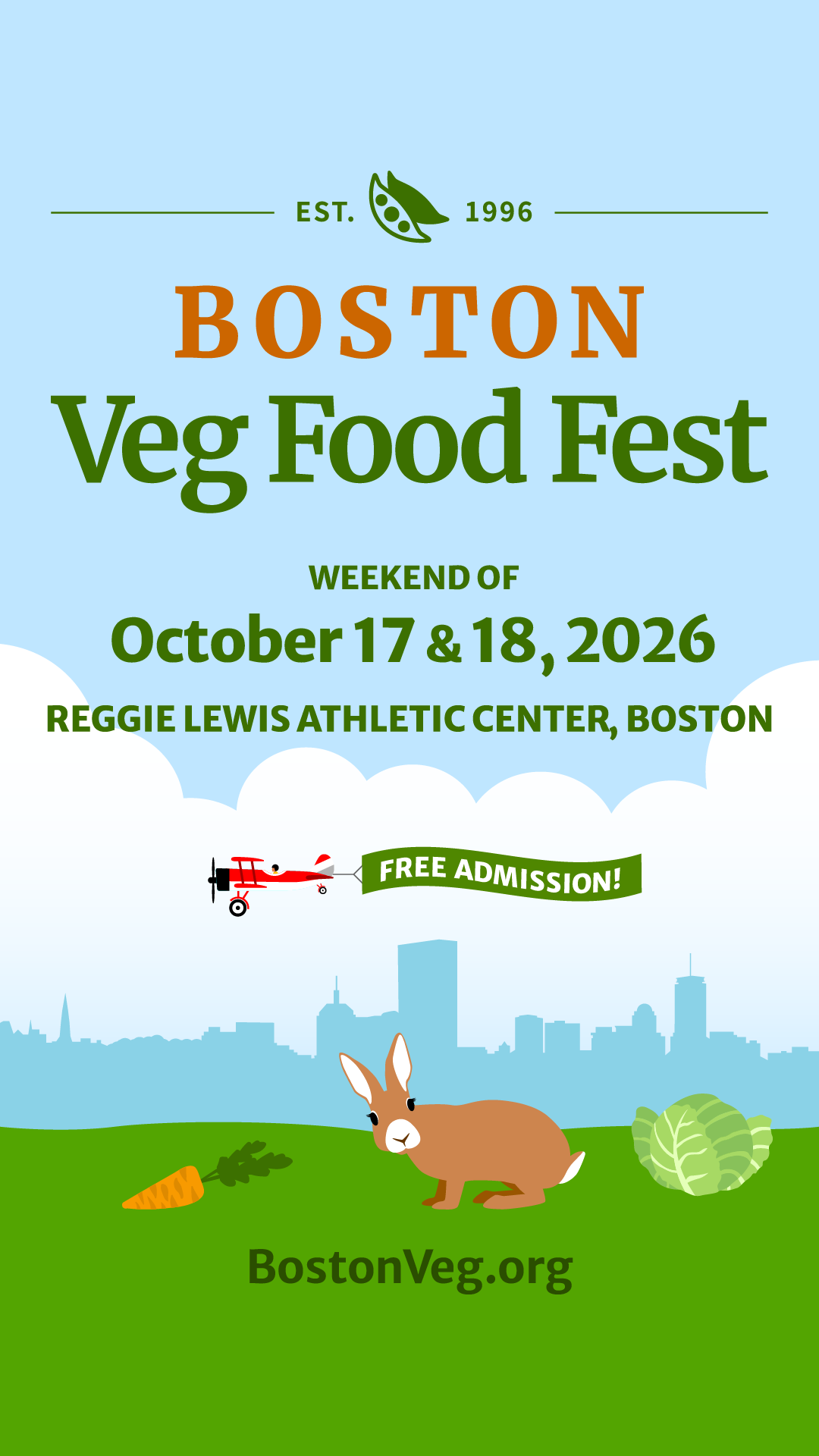 vertical graphic, Boston Veg Food Fest, October 17 and 18, 2026, Reggie Lewis Athletic Center, Boston, Free Admission