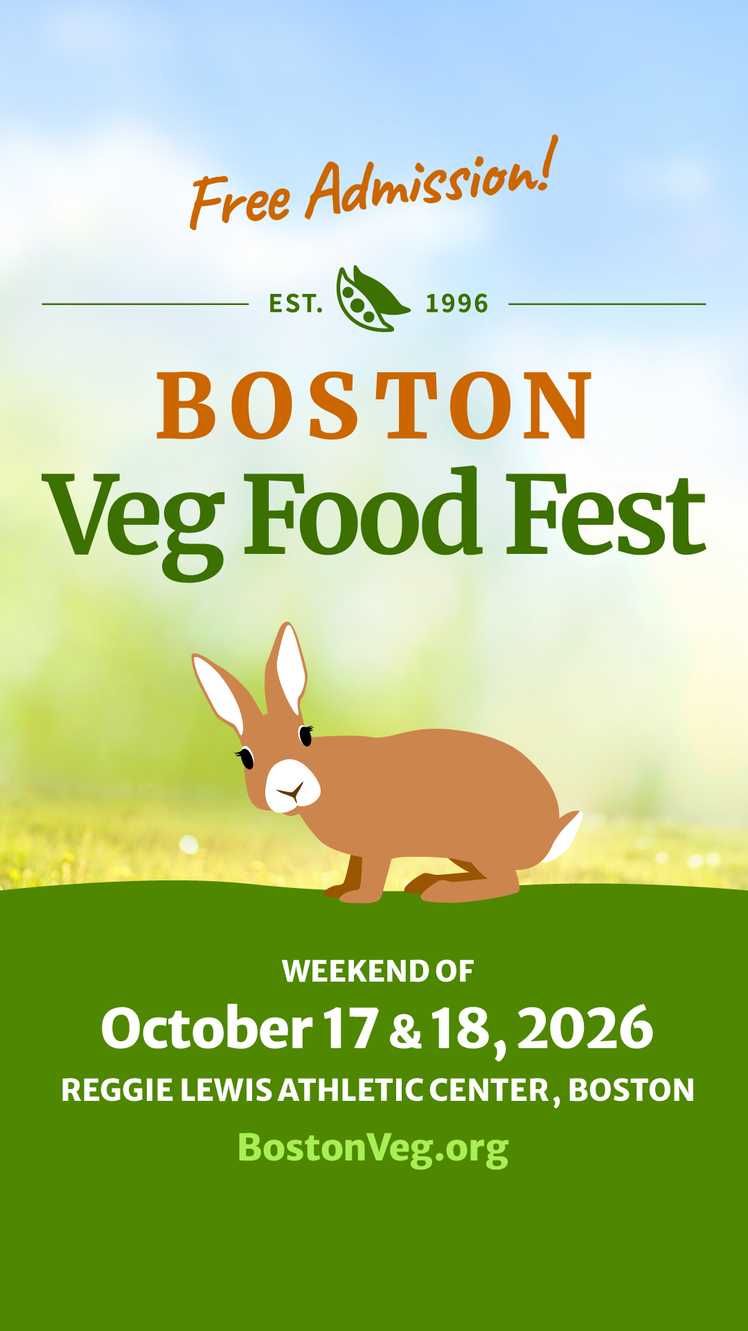 vertical graphic, Boston Veg Food Fest, October 17 and 18, 2026, Reggie Lewis Athletic Center, Boston, Free Admission