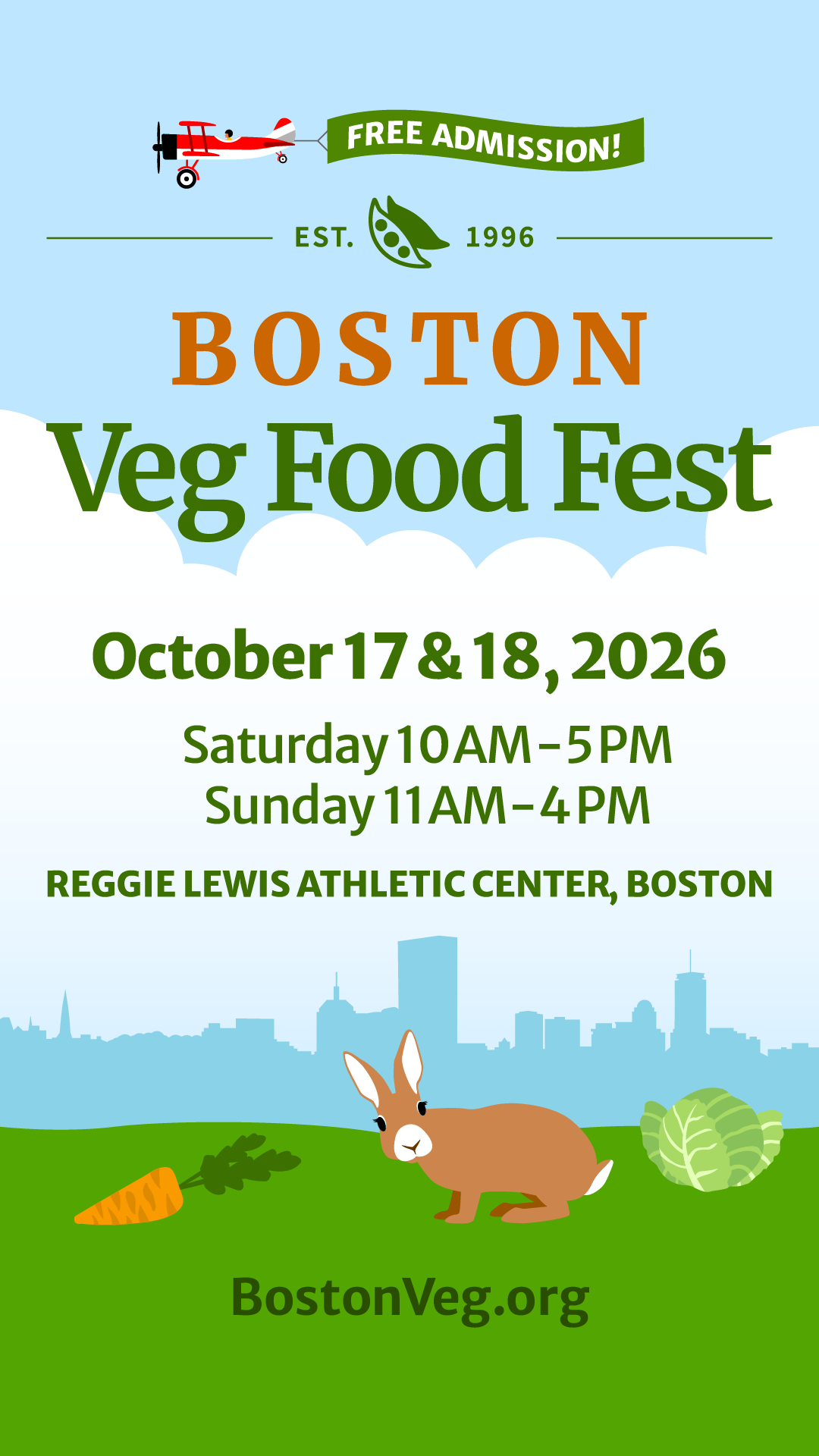vertical graphic, Boston Veg Food Fest, October 17 and 18, 2026, Reggie Lewis Athletic Center, Boston, Free Admission
