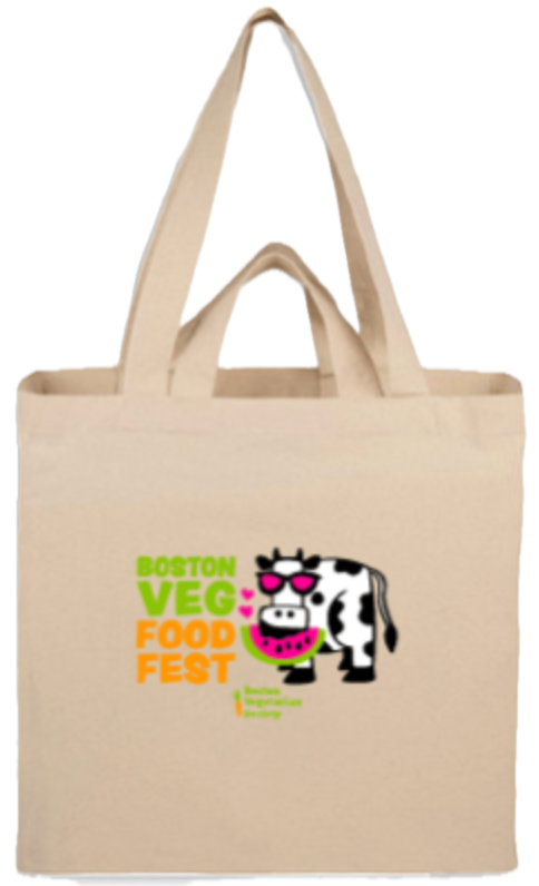 off-white canvas tote bag with a cow and Boston Veg Food Fest lettering